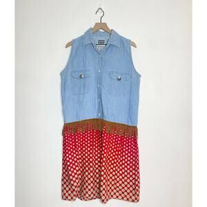 Vintage Details Express Tunic Shirt Women's Size Large Blue Chambray Fringe 90s